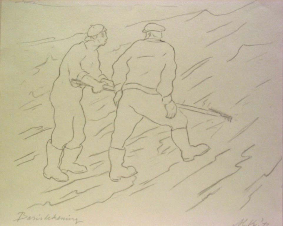 Werkers Eemshaven, potloodtekening, M. Klompien, 1972