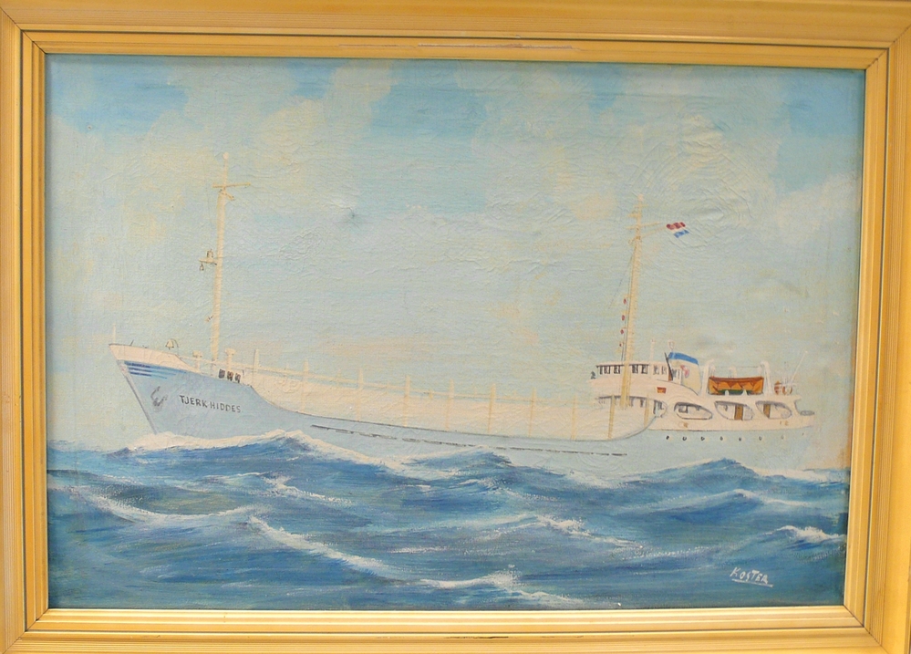 Scheepsportret van de kustvaarder 'Tjerk Hiddes', olieverf op doek door Klaas Koster, ca. 1950-1970.