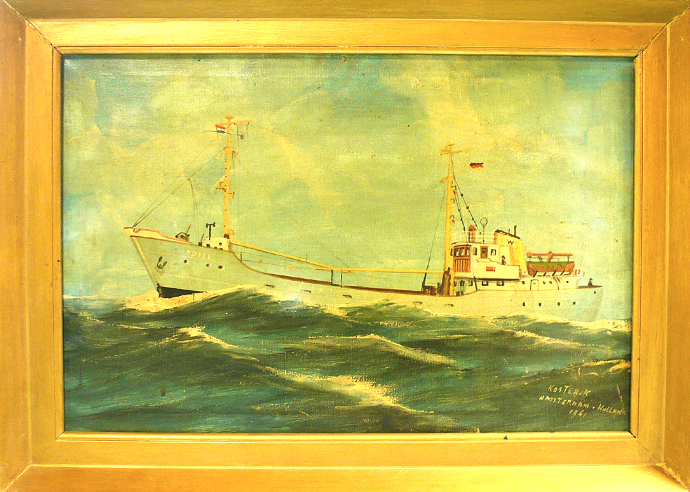 Scheepsportret van de coaster 'Adele', olieverf op doek door Klaas Koster, Amsterdam, 1961.