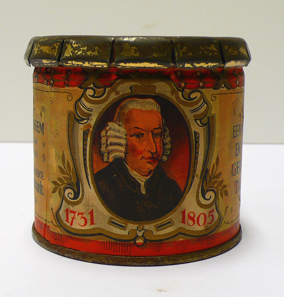 Tabaksblik van het merk Founder, geproduceerd door J & A.C. v. Rossem, Rotterdam.