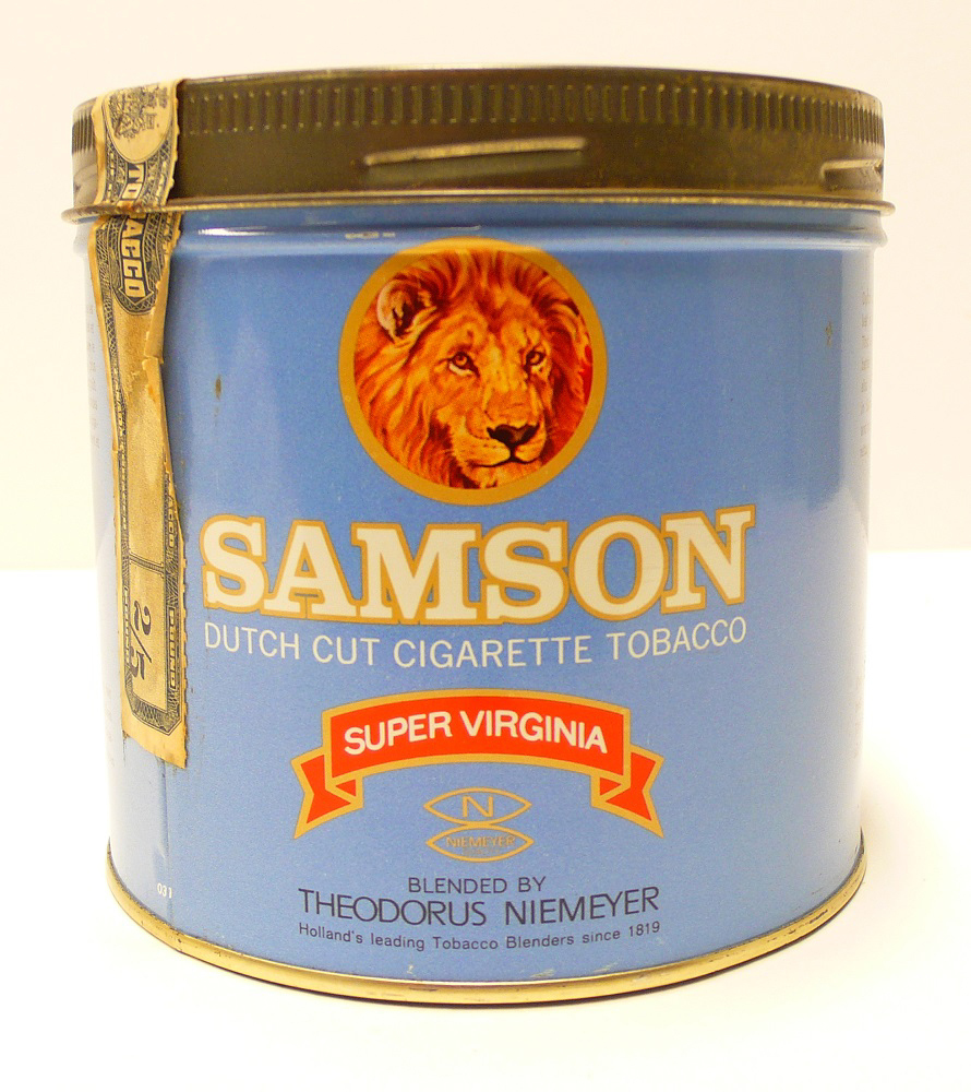 Tabaksblik van het merk Samson, geproduceerd door Theodorus Niemeijer te Groningen