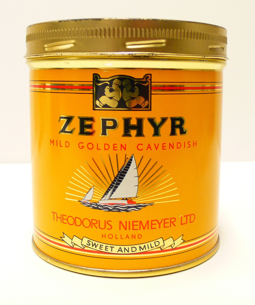 Tabaksblik van het merk Zephyr, geproduceerd door Theodorus Niemeyer te Groningen.