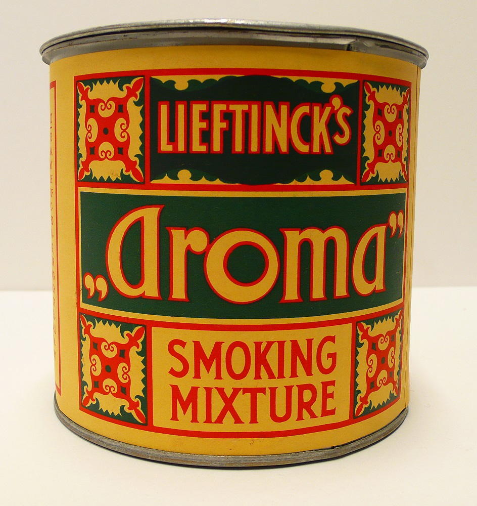 Tabaksblik van het merk 'Aroma', geproduceerd door F. Lieftinck te Groningen.
