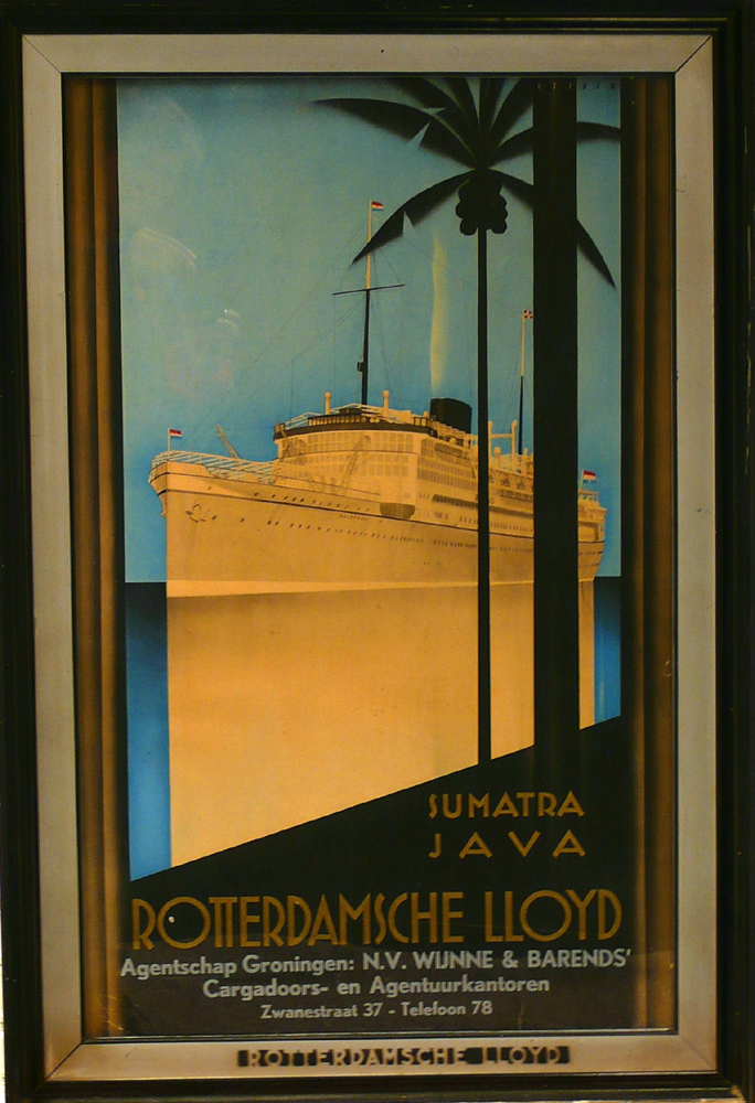 Affiche van SS Baloeran van de Rotterdamsche Lloyd, gezien van bakboord, op kalme zee.