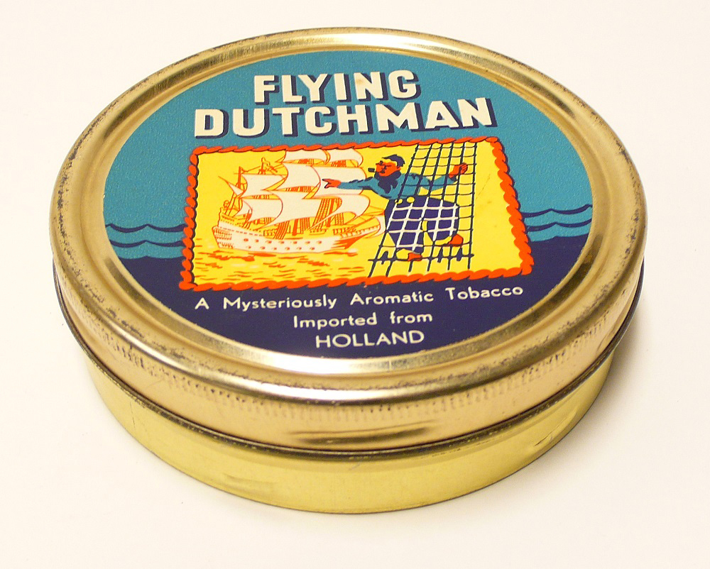 Tabaksblik van het merk Flying Dutchman geproduceerd door Theodorus Niemeijer Ltd Holland