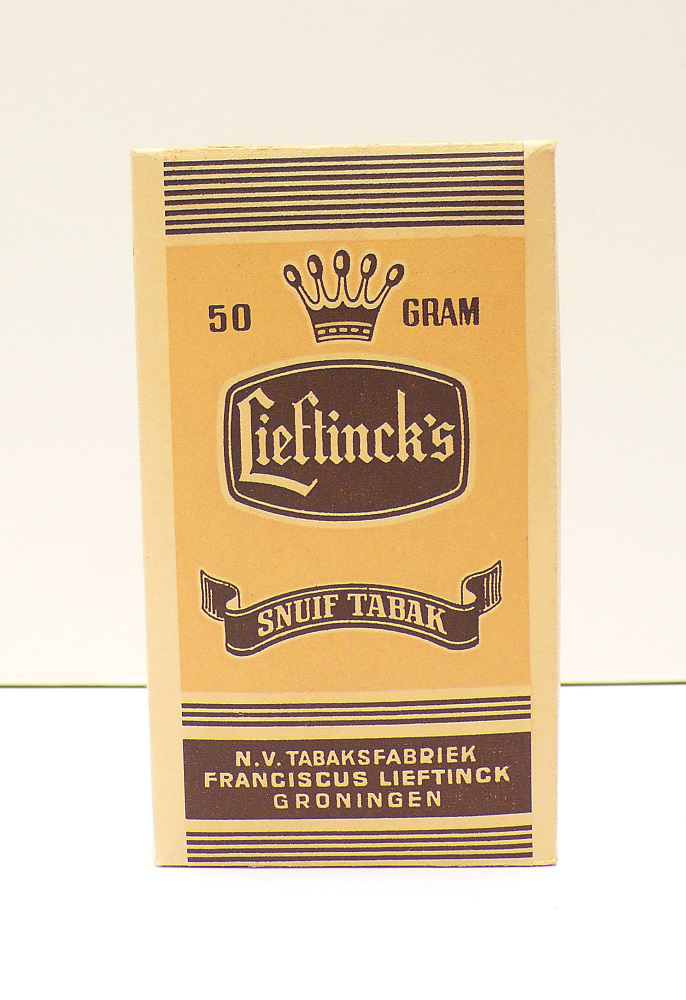 Tabakspakje Lieftinck's snuiftabak geproduceerd door N.V. Tabaksfabriek Franciscus Lieftinck Groningen