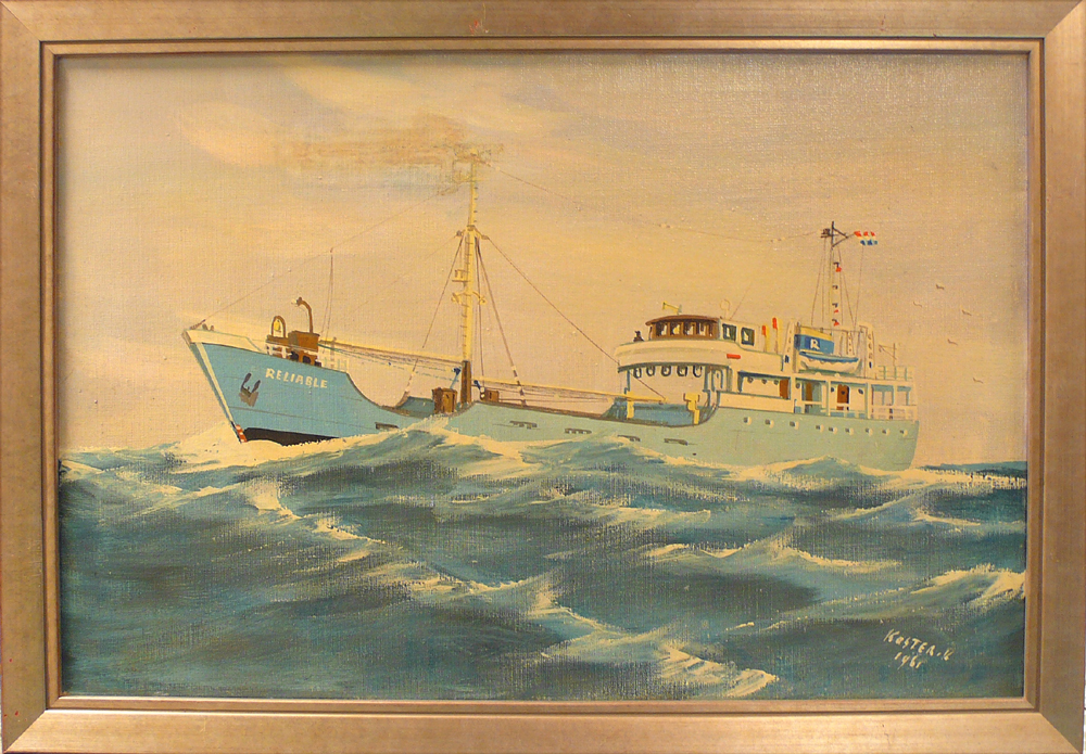 Scheepsportret van de coaster 'Reliable', olieverf op doek door Klaas Koster, Amsterdam, 1961.