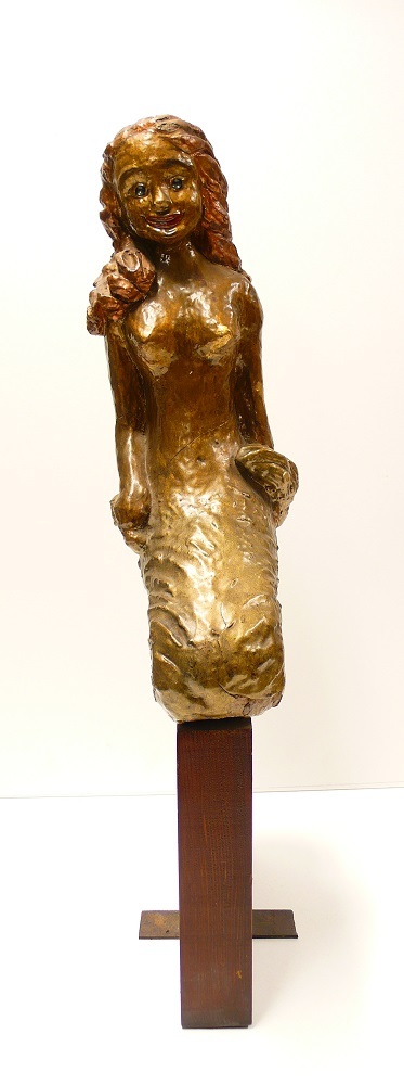 Roerkop van zeemeermin op houten houder