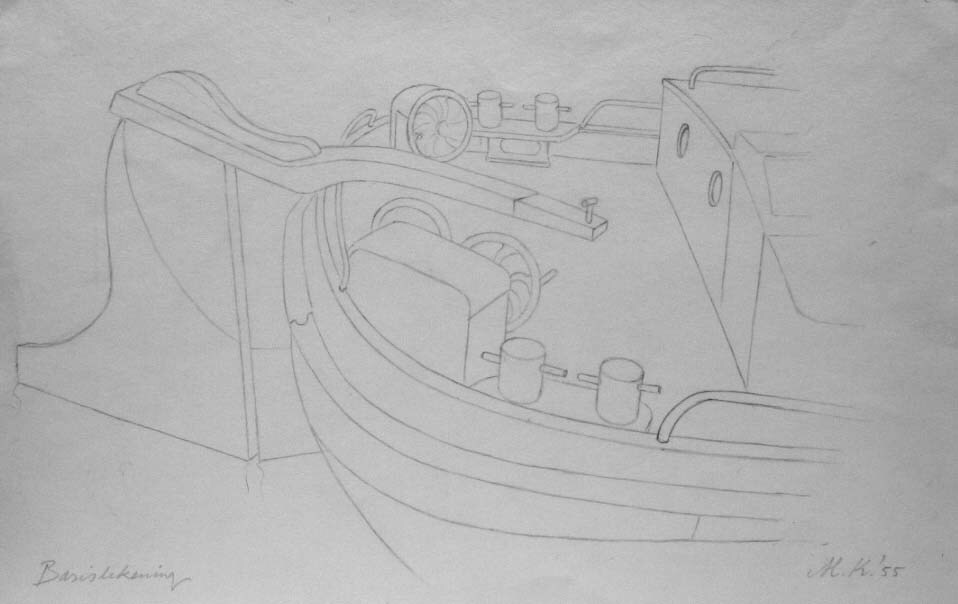 Achterdek Schip, potloodtekening, M. Klompien, 1955