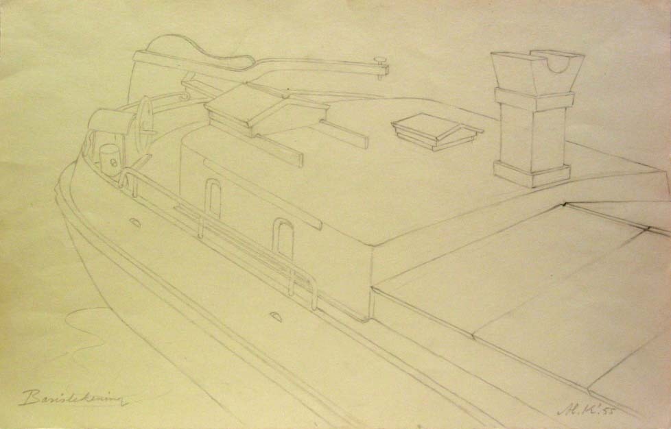 Achterschip met roef, potloodtekening, M. Klompien, 1955