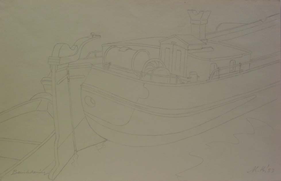 Achterschip met roeiboot, potloodtekening, M. Klompien, 1953