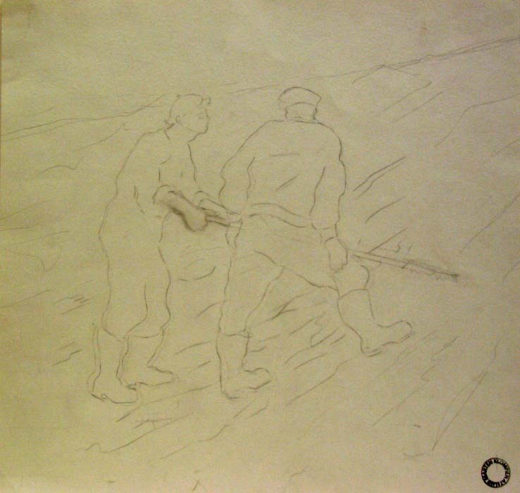 Werkers Eemshaven, potloodtekening, M. Klompien