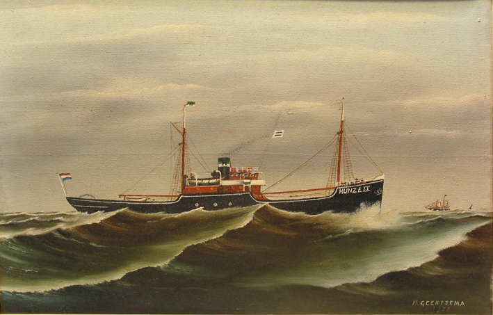 Scheepsportret van het beurtschip 'Hunze IX' op volle zee, door H. Geertsema, 1950.