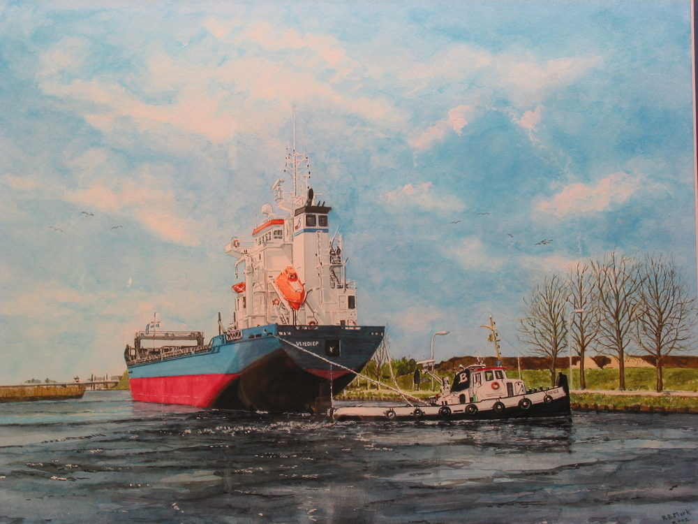 MS Vliediep op weg naar zee, aquarel door R.E. Murk, 2002