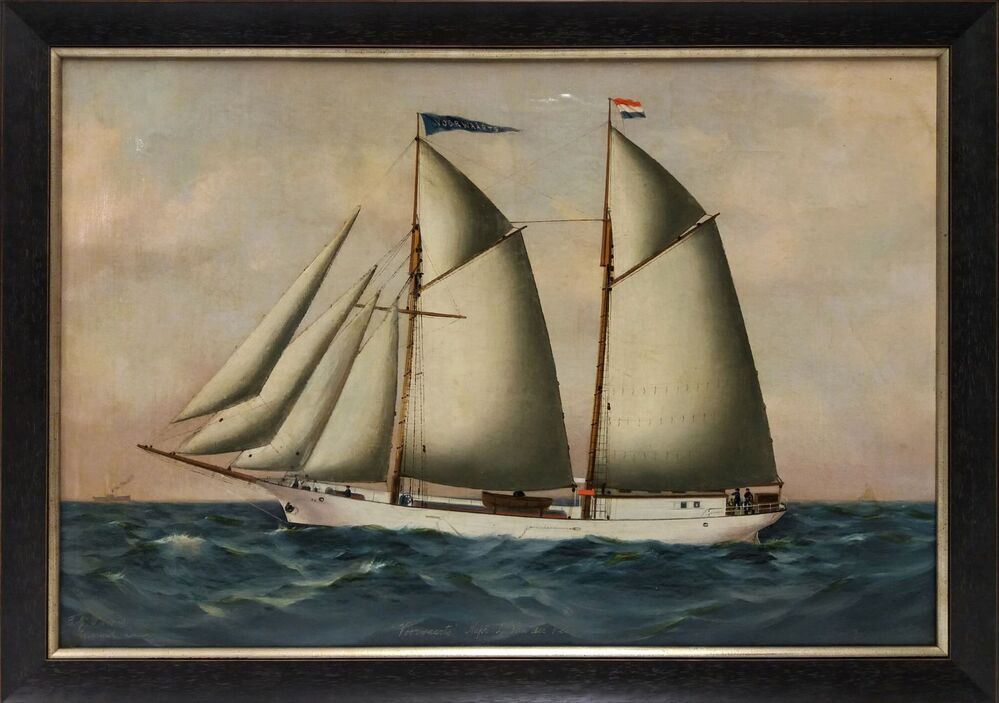 Scheepsportret van de tweemast gaffelschoener 'Voorwaarts', olieverf op doek door T.G. Purvis, 1902-1904.