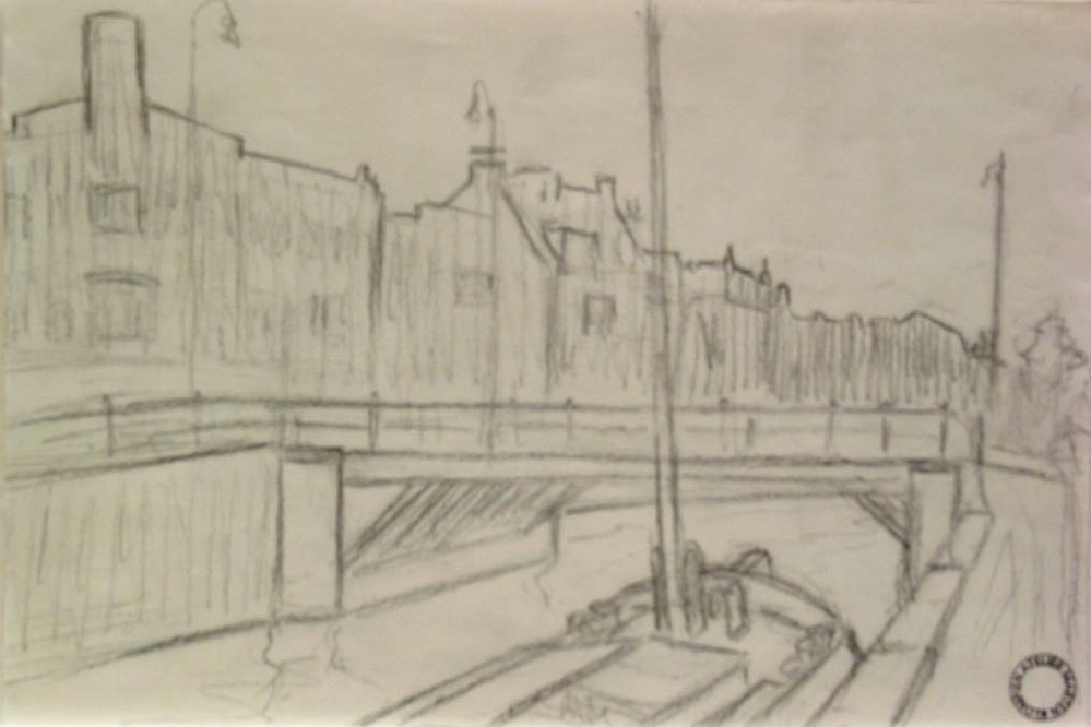 Ebbingebrug Groningen, potloodtekening, M. Klompien