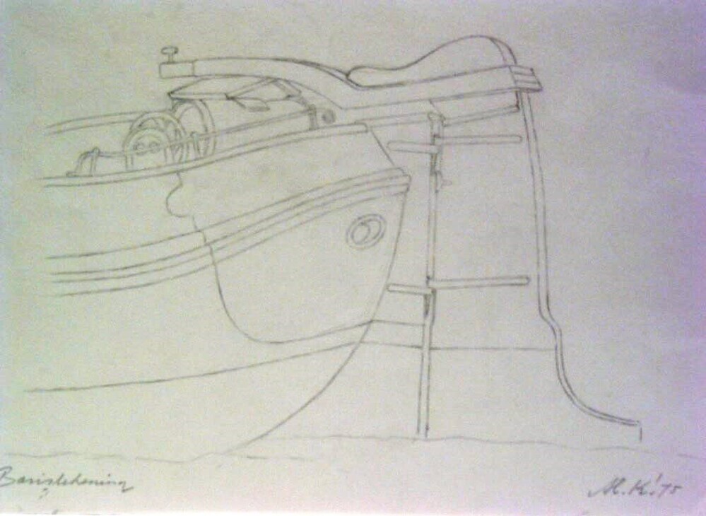 Achterspiegel schip, potloodtekening, M. Klompien, 1975