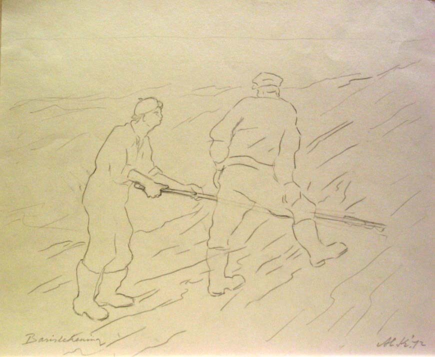 Werkers Eemshaven, potloodtekening, M. Klompien, 1972