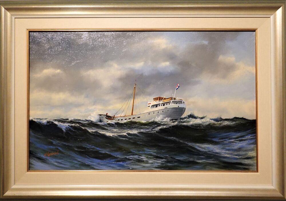 Scheepsportret vermoedelijk van de 'Celebes' in 1945, olieverf op doek door Marten Groenhof, ca. jaren '50.