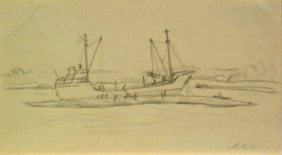 Houtladen Yxpila Finland 1961, potloodtekening, M. Klompien, 1961