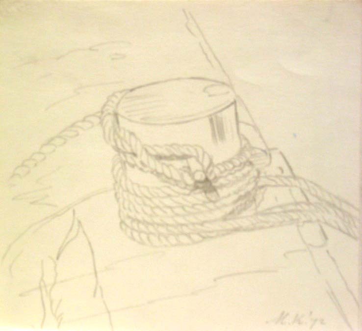 Bolder op dekschuit, Eemshaven, potloodtekening, M. Klompien, 1972