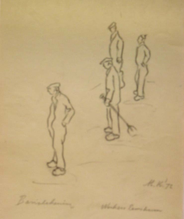 Werkers Eemshaven, potloodtekening, M. Klompien, 1972