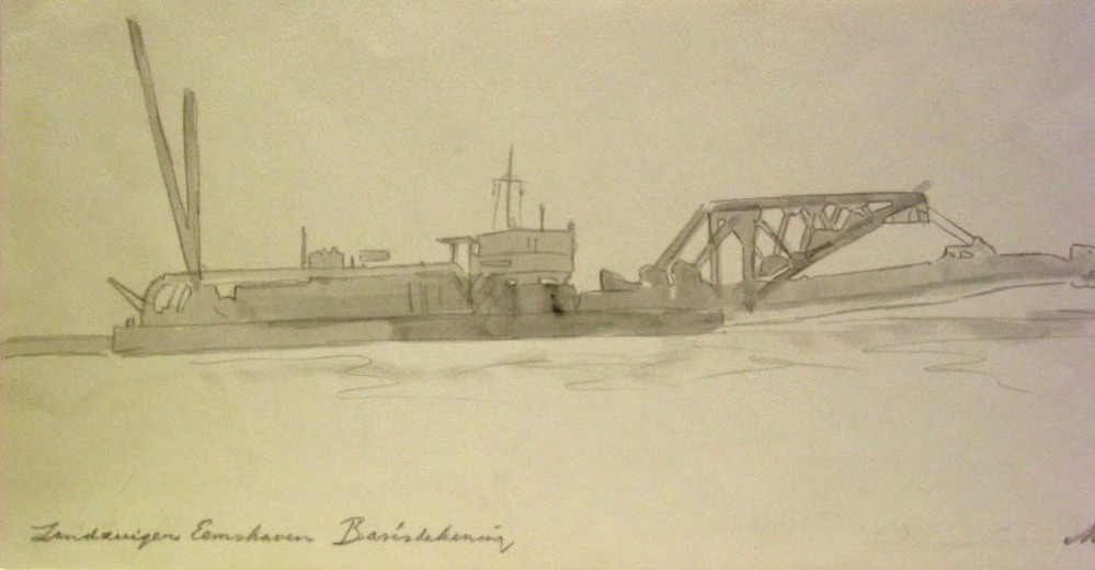 Zandzuiger Eemshaven, potloodtekening, M. Klompien, 1972