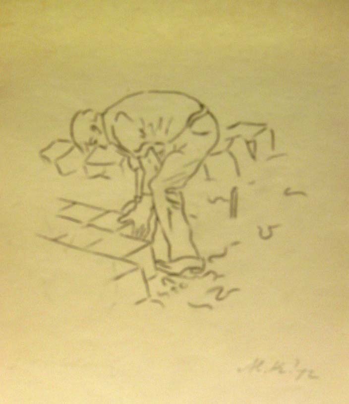 Dijkwerker Eemshaven, potloodtekening, M. Klompien, 1972