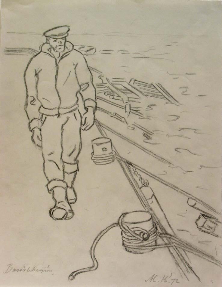 Het controleren van de zinkstukken, Eemshaven, potloodtekening, M. Klompien, 1972