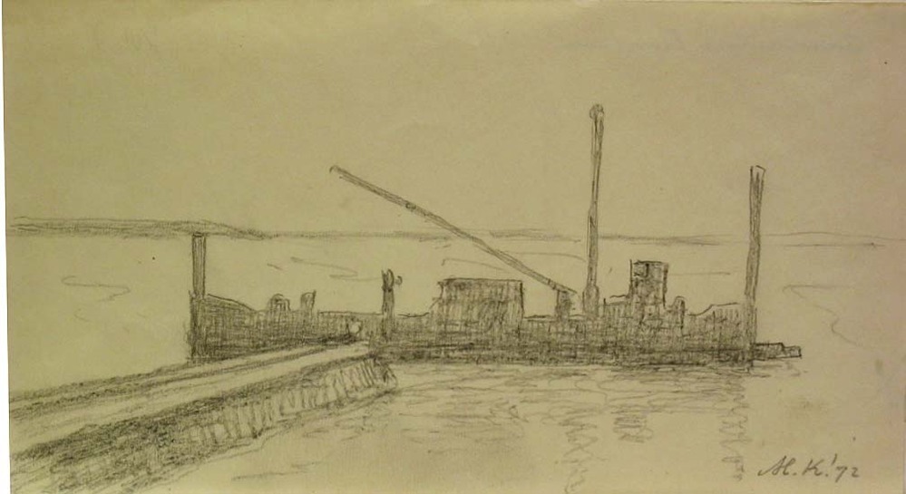 Zandzuiger Eemshaven, potloodtekening, M. Klompien, 1972