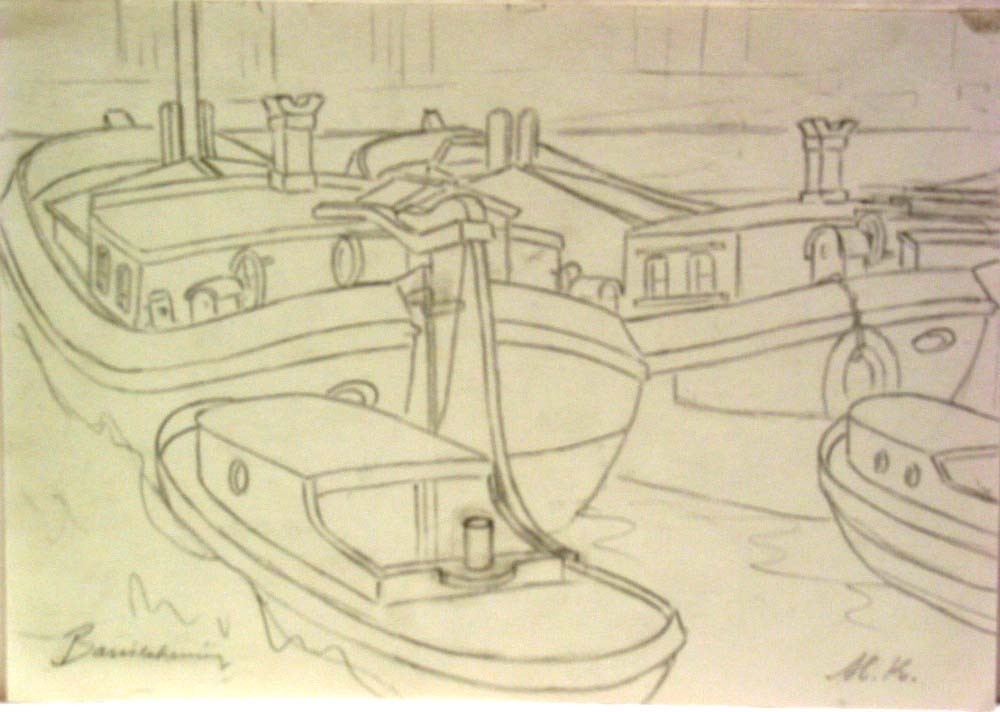 Twee schepen met twee opduwers, potloodtekening, M. Klompien