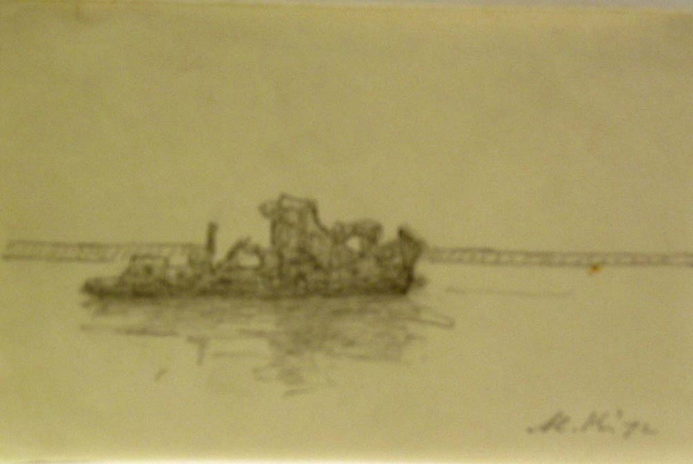 Baggervaartuig Eemshaven, potloodtekening, M. Klompien, 1972