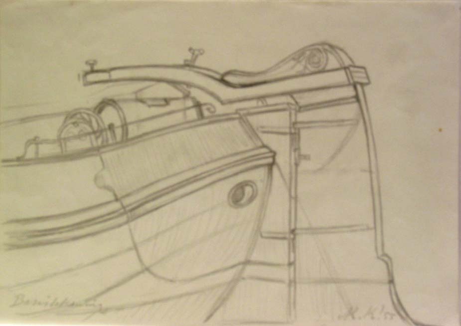 Achterspiegel schip, potloodtekening, M. Klompien, 1955
