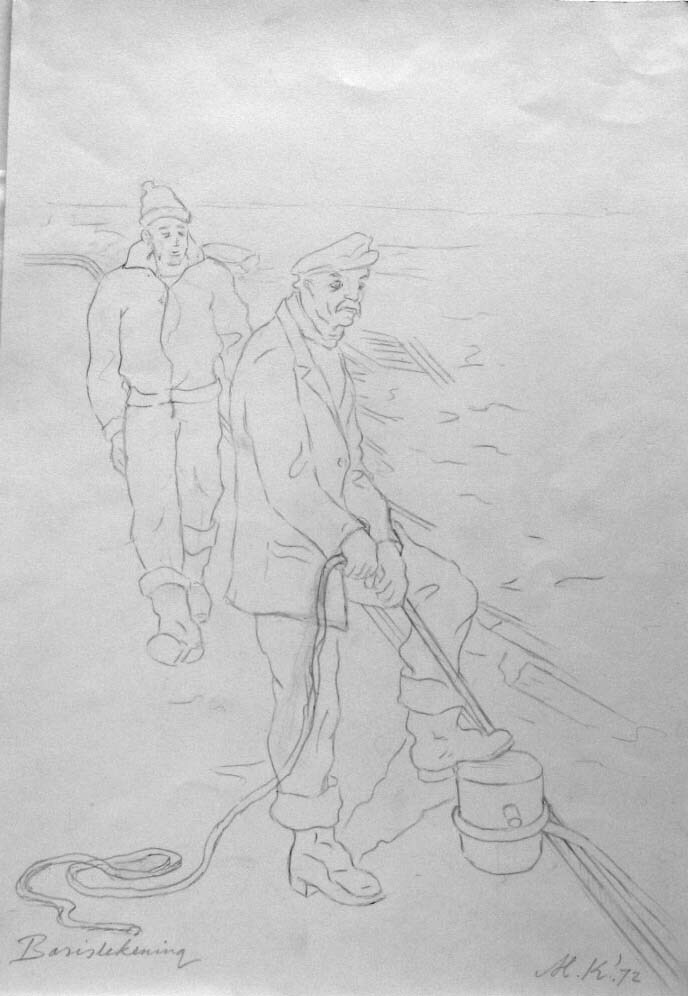 Het laten zakken van de zinkstukken, Eemshaven, potloodtekening, M. Klompien, 1972