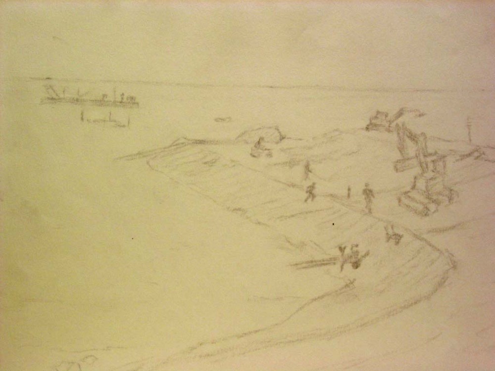 Eemswerken Dijkwerzaamheden, potloodtekening, M. Klompien, 1973