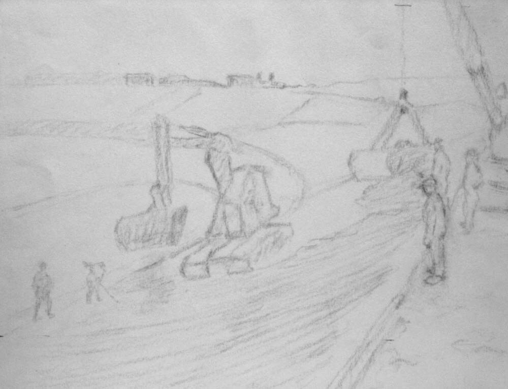 Eemshaven (Dijkwerkzaamheden), potloodtekening, M. Klompien, 1972