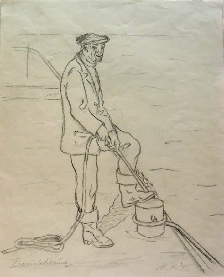 Het laten zakken van de zinkstukken, Eemshaven, potloodtekening, M. Klompien, 1972