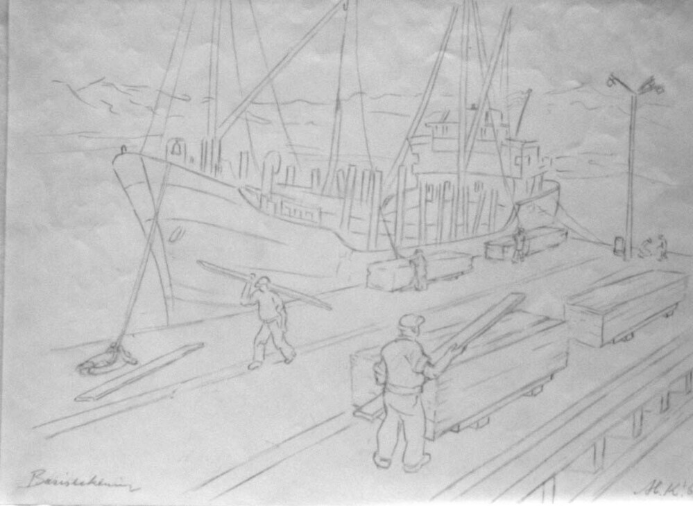 Houtladen Yxpila Finland, potloodtekening, M. Klompien, 1961