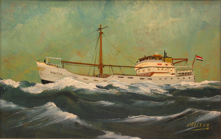 Scheepsportret van de kustvaarder 'Martha' in zware zee, olieverf op paneel door K. Koster, ca. 1925-1975.