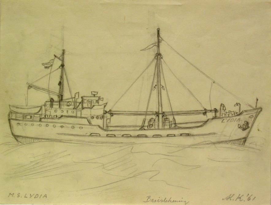 M.S. "Lydia", potloodtekening door M. Klompien, 1961