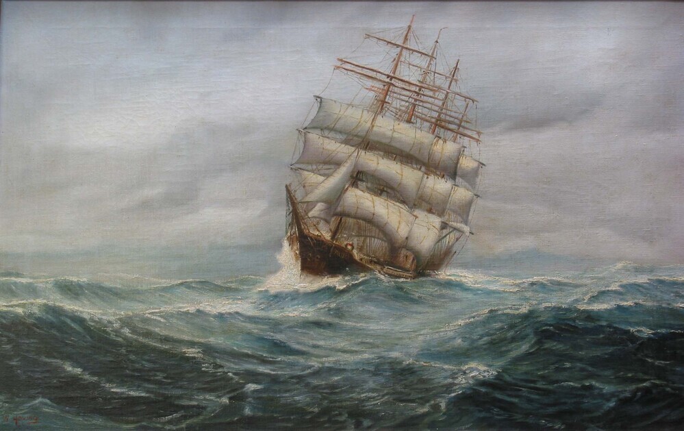 De viermastbark 'Passat' op volle zee, olieverf op doek door W. Hoving, ca. 1850-1925.