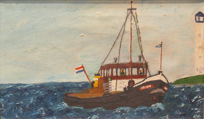Sleepboot 'Orion' op weg naar volgend emplooi, olieverf op doek door S.L. Schenkel, ca. 1940-1990.