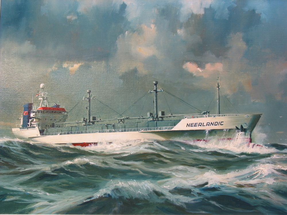 Scheepsportret van koelschip 'Neerlandic' in volle zee, olieverf op doek door N.M. Peeters, 1985.