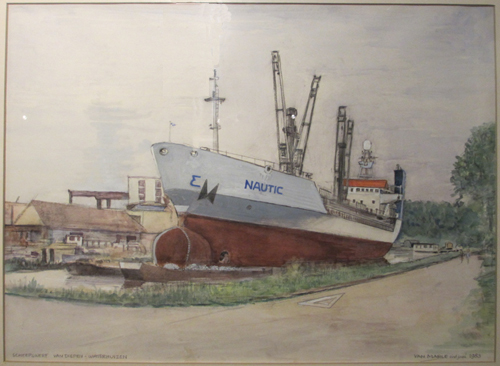 Het koelschip 'Nautic' aan afbouwkade van scheepswerf Gebr. Van Diepen te Waterhuizen, schilderij door W.B. van Marle, 1983.