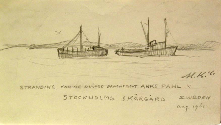 Stranding van de Duitse vrachtboot Anke Pahl Stockholms Skärgärd Zweden, potloodtekening door M. Klompien, 1961