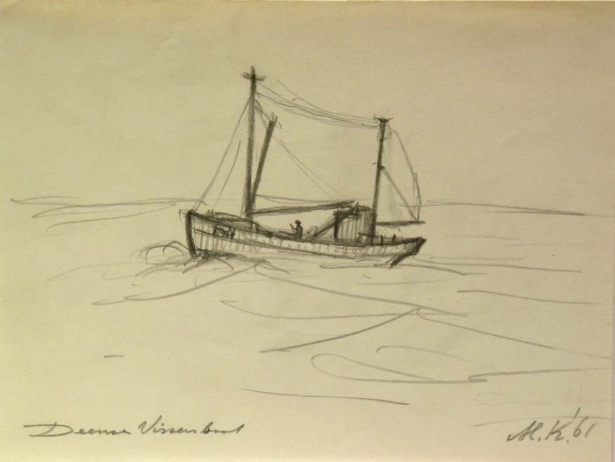 Deense Vissersboot, potloodtekening, M. Klompien, 1961