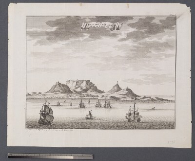 'Gezicht van Kaap der Goede Hope als men op de reede legt', gravure door Francois Valentijn, circa 1726