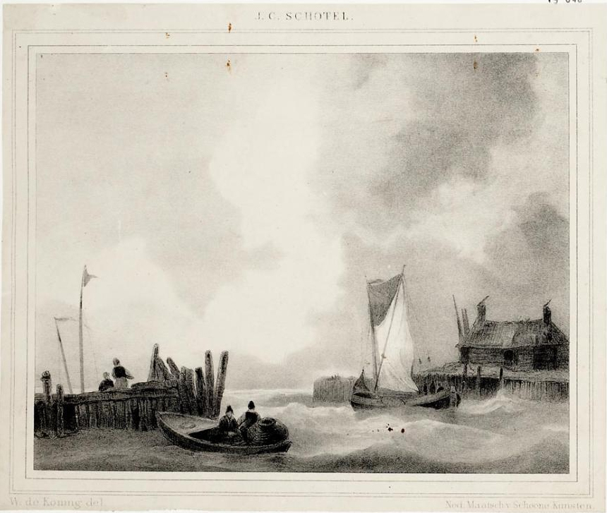Havenmond met vissersschepen, litho door W. de Koning (del) naar een tekening door J.C. Schotel