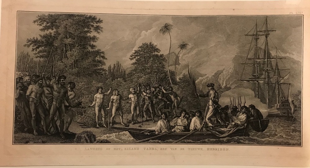 'Landing op het eiland Tanna een van de nieuwe Hebriden', gravure, onderdeel van 'Reizen rondom de Waereld' van James Cook, 1803.