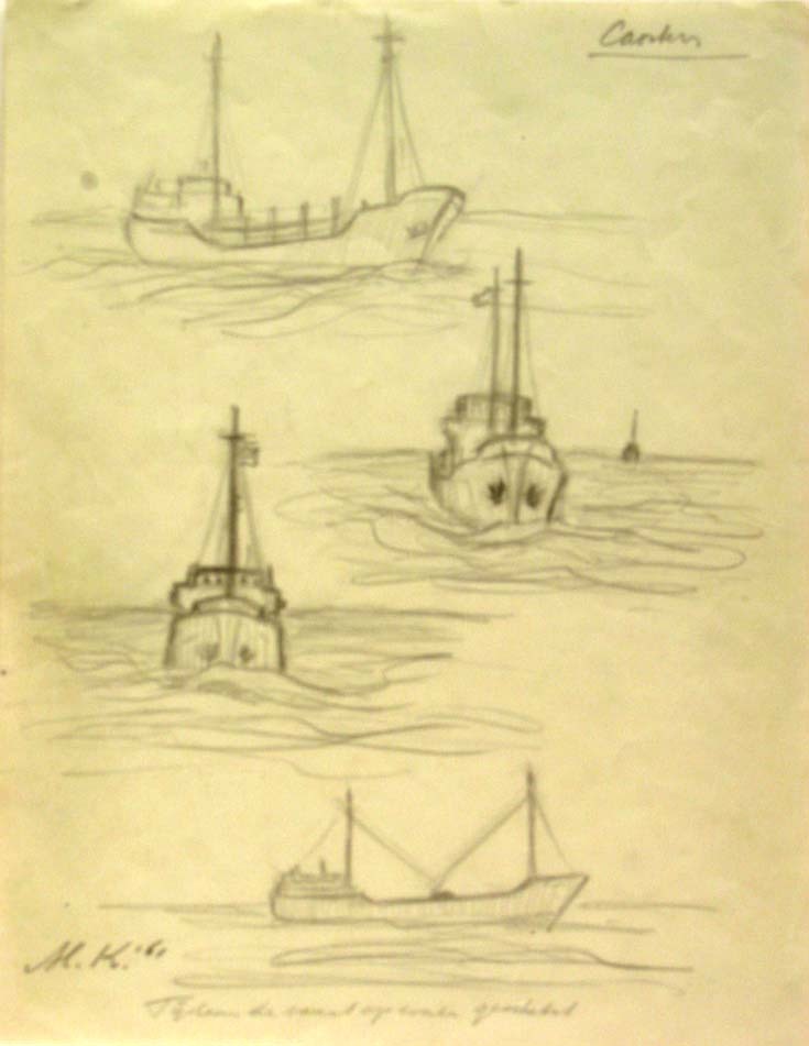 Kustvaarders, tijdens de vaart op route geschetst, potloodtekening, M. Klompien, 1961